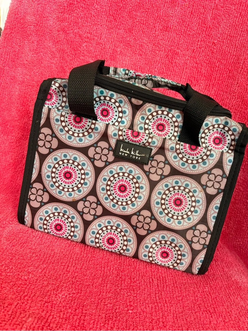 Nicole Miller Pink, Teal and Brown Patterned Cosmetic/Lunch Bag